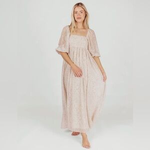 NWT Worth Collective Mona Maxi Dress with Smocking in Beige Floral Bump Friendly